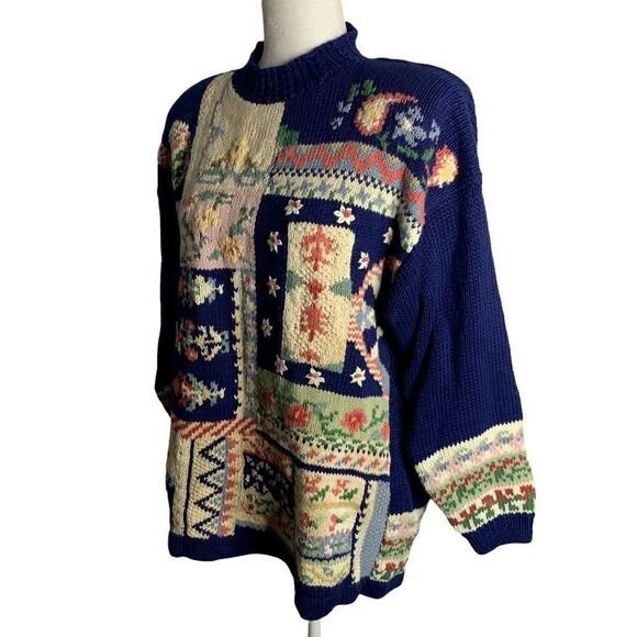 Vintage Embroidered Cable Knit Sweater S Blue Floral High Neck Granny Core - Picture 3 of 6